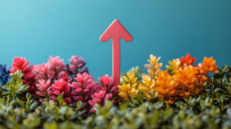 Colorful arrows crafted from paper are arranged in ascending order, symbolizing growth and progress on a vibrant pastel backdrop. The visual representation emphasizes upward movement and success.の素材