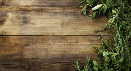 A variety of fresh herbs including basil, thyme, and rosemary are laid out across a rustic wooden table. This collection showcases the vibrant colors and textures of the herbs.の素材