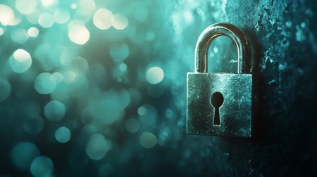 The rusty padlock rests on a wet surface, illuminated by distant streetlights under rainy conditions, creating a reflective and moody atmosphere in the city.の素材