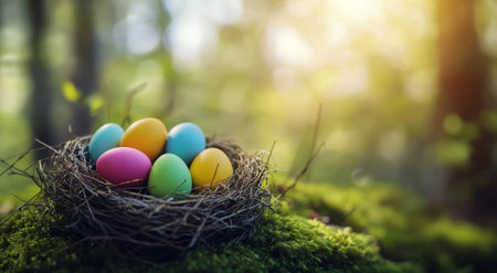Vibrant Easter eggs in various pastel colors sit comfortably in a rustic nest, surrounded by lush greenery and illuminated by soft spring sunlight filtering through trees.の素材