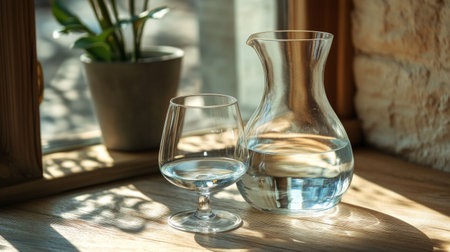 A glass tumbler and a carafe filled with water are placed on a wooden table near a sunny window with a green potted plant in the background, casting soft shadows.の素材