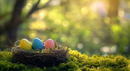 Vibrant Easter eggs in various pastel colors sit comfortably in a rustic nest, surrounded by lush greenery and illuminated by soft spring sunlight filtering through trees.の素材