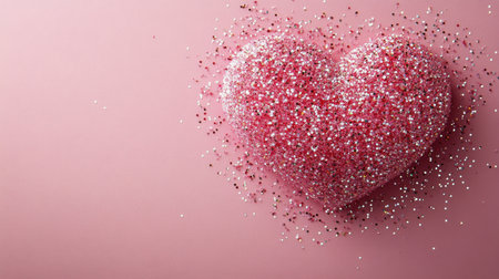 A heart-shaped decoration made of pink glitter rests on a soft pastel backdrop, radiating a sparkling effect. The arrangement captures a playful and romantic essence, perfect for celebrations.の素材