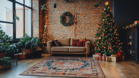 The living room features a beautifully decorated Christmas tree with ornaments and lights beside a comfortable sofa. Festive gifts are placed underneath, creating a warm holiday ambiance.の素材