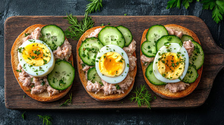 Three slices of toasted bread topped with creamy tuna, fresh cucumbers, and perfectly boiled eggs sit invitingly on a wooden board, ideal for a nutritious brunch or snack option.の素材