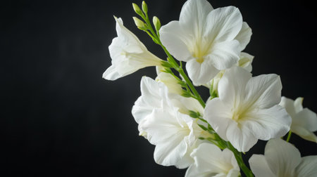 A striking display of white flowers with delicate petals stands tall against a dark backdrop, showing their natural beauty. The arrangement creates a peaceful and calming atmosphere.の素材