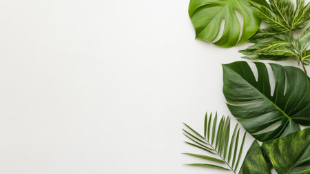 A variety of tropical green leaves are artistically arranged on a light background, showing their diverse shapes and textures, perfect for a creative design or nature-themed project.の素材