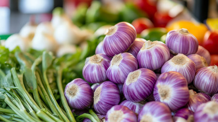 A variety of purple onions and garlic are beautifully arranged at a bustling farmers market during autumn. Colorful produce fills the background, creating a lively market atmosphere.の素材