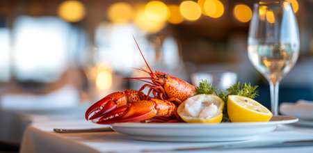 A beautifully plated lobster sits on a white dish accompanied by a slice of lemon and green garnish, surrounded by softly glowing lights and crystal glasses in a restaurant setting.の素材