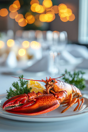 A beautifully arranged lobster sits on a plate garnished with lemon and fresh greens in an elegant restaurant setting adorned with soft, warm lights creating a cozy atmosphere.の素材