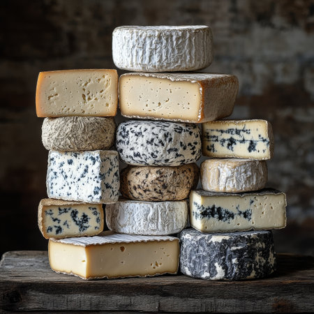 A diverse selection of artisanal cheeses is arranged on a rustic wooden surface, showing different textures and colors. Each cheese exhibits unique characteristics and flavors.の素材