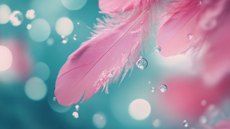 A soft pink feather floats gracefully with tiny water droplets clinging to its surface, set against a serene blue backdrop illuminated by gentle light, creating a tranquil atmosphere.の素材