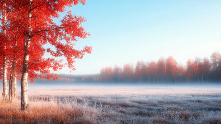 On a peaceful autumn morning, bright red trees stand tall next to a frost-covered field, illuminated under the soft golden glow of sunrise, creating a tranquil landscape.の素材