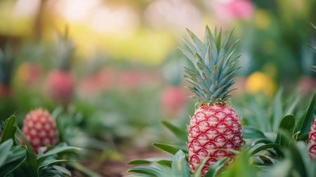 A group of ripe pineapples thrives in a lush tropical garden, basking in warm sunlight, surrounded by vibrant green foliage. This healthy scene captures the essence of tropical growth.の素材