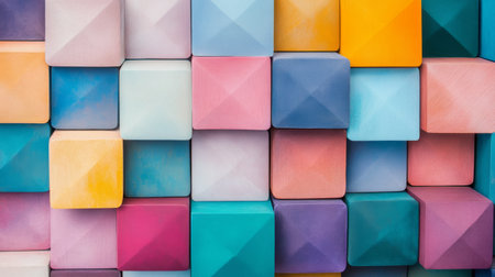 A collection of multicolored geometric blocks is neatly arranged, showcasing a vibrant pattern. The bright colors enhance the visual appeal of the setting, reflecting light beautifully.の素材