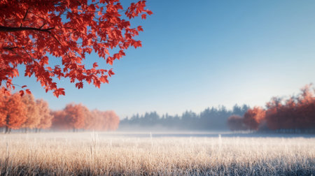 On a peaceful autumn morning, bright red trees stand tall next to a frost-covered field, illuminated under the soft golden glow of sunrise, creating a tranquil landscape.の素材