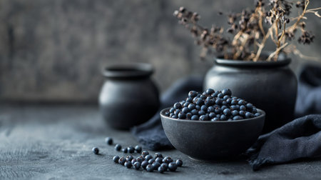 Dark ceramic pots hold vibrant black berries, accompanied by a plate of black seed powder. The moody background enhances the rich textures and colors of the arrangement.の素材