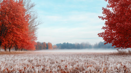 On a peaceful autumn morning, bright red trees stand tall next to a frost-covered field, illuminated under the soft golden glow of sunrise, creating a tranquil landscape.の素材