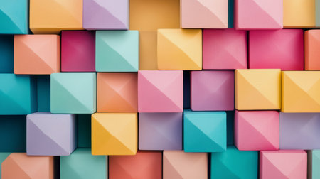 A collection of multicolored geometric blocks is neatly arranged, showcasing a vibrant pattern. The bright colors enhance the visual appeal of the setting, reflecting light beautifully.の素材