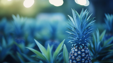 A group of ripe pineapples thrives in a lush tropical garden, basking in warm sunlight, surrounded by vibrant green foliage. This healthy scene captures the essence of tropical growth.の素材