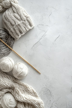 Soft white yarn balls and knitting needles are organized on a marble countertop, surrounded by partially knitted fabric, creating a cozy crafting atmosphere.の素材
