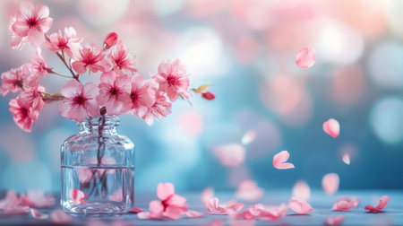 A glass jar filled with cherry blossoms sits on a surface adorned with soft pastel colors. Petals float around, creating a serene atmosphere enhanced by glimmering bokeh lights.の素材