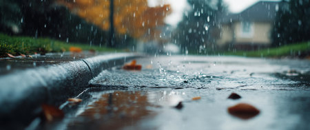 Raindrops gently fall on a suburban street, creating small streams of water along the curb. Vibrant autumn leaves are scattered on the wet pavement, showing the season's colors and mood.の素材