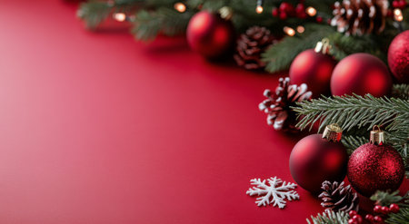 A collection of red and glittering Christmas ornaments, including large and small balls, surrounded by pine cones on a deep red background, creating a warm holiday atmosphere.の素材