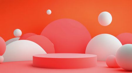 Various white geometric shapes such as circles and spheres are arranged playfully against a coral backdrop, showing a modern and minimalist design approach.の素材