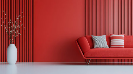 A vibrant living room showcases a coral wall with a minimalist round art piece. A stylish sofa with cushions and a small table with a plant completes the inviting atmosphere.の素材