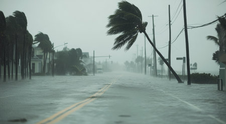 A deserted street in a coastal town is engulfed by floodwaters as strong winds bend palm trees dangerously. The sky is overcast, signaling severe weather conditions and heavy rainfall.の素材