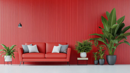 A vibrant living space features a red wall with a contemporary red couch adorned with decorative pillows. Lush plants in various pots create a fresh and inviting atmosphere.の素材