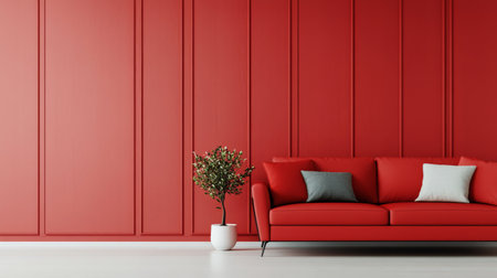 A vibrant living space features a red wall with a contemporary red couch adorned with decorative pillows. Lush plants in various pots create a fresh and inviting atmosphere.の素材