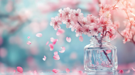 A glass jar filled with cherry blossoms sits on a surface adorned with soft pastel colors. Petals float around, creating a serene atmosphere enhanced by glimmering bokeh lights.の素材