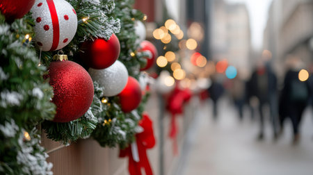 Colorful red and white ornaments are hung among greenery along a bustling city sidewalk, creating a festive atmosphere during the winter holiday season. People stroll by, immersed in holiday cheer.の素材