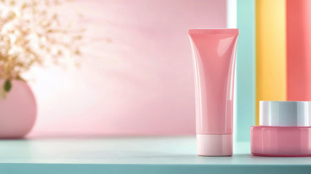 A pink cosmetic tube stands upright on a surface, contrasting beautifully with the soft gradient background of peach and coral. The colors create a warm and inviting atmosphere.の素材