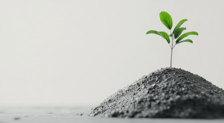 A small tree with vibrant green leaves emerges from a gravel mound, set against a simple, light background, highlighting the contrast between nature and the surrounding environment.の素材