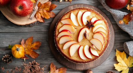 A stunning cake is adorned with slices of apples, berries, and vibrant leaves, perfectly showing seasonal fruits. The wooden table adds a cozy fall atmosphere, making it inviting.の素材