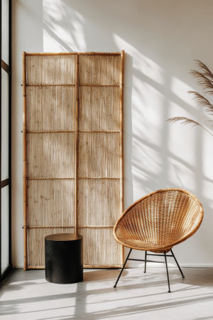 A cozy corner showcases a wicker chair beside a dark vase on a minimalistic table. Natural light filters through, casting delicate shadows across the bamboo screen, enhancing the serene ambiance.の素材