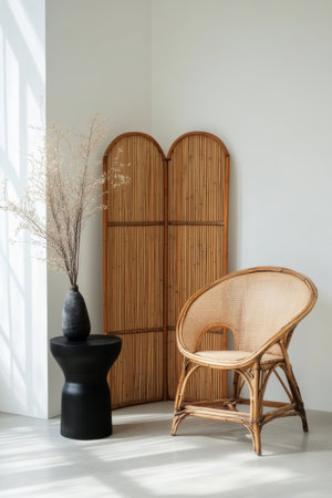 A cozy corner showcases a wicker chair beside a dark vase on a minimalistic table. Natural light filters through, casting delicate shadows across the bamboo screen, enhancing the serene ambiance.の素材