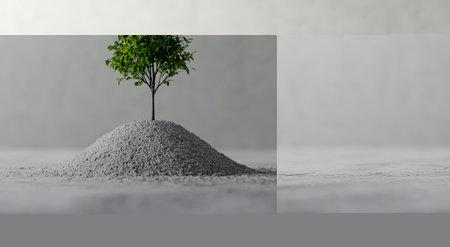 A small tree with vibrant green leaves emerges from a gravel mound, set against a simple, light background, highlighting the contrast between nature and the surrounding environment.の素材