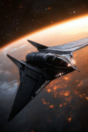 A futuristic spacecraft glides through the atmosphere of a distant planet, illuminated by soft twilight. The crafts angular design showcases advanced technology, while the planet below glows gently.の素材