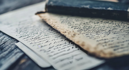 A collection of aged letters and an old book lies on a rustic wooden table, showing an elegant handwritten script that reflects a bygone era of communication and sentiment.の素材