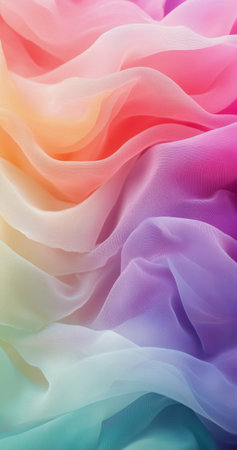 Flowing layers of soft fabric in shades of pink, purple, and blue create a tranquil and dreamy atmosphere, showing the elegance of pastel hues in an indoor setting.の素材