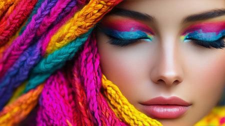 A variety of colorful yarn skeins are neatly arranged in an eye-catching display. The assortment bright features hues like orange, green, blue, and pink, perfect for various craft projects.の素材