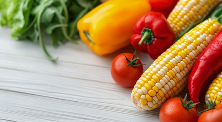 A vibrant assortment of fresh vegetables is displayed on a rustic wooden table, featuring red and yellow peppers, ripe tomatoes, cucumbers, and corn.の素材