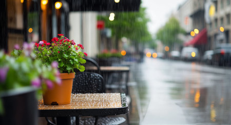 Rain cascades down in a bustling city as droplets splash on the shiny pavement, surrounded by green plants outside a cozy cafe, creating a serene atmosphere in the urban setting.の素材