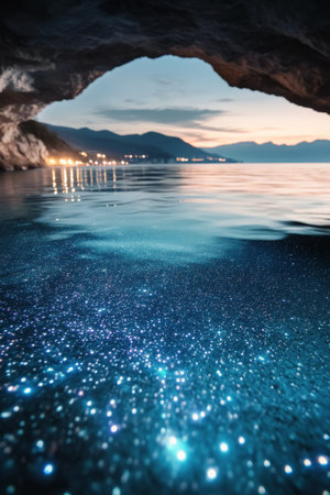 A breathtaking view from within a cave reveals a calm blue lake surrounded by rugged mountains during twilight, creating a peaceful atmosphere as daylight fades away.の素材