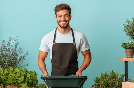 A young man in a gray shirt and apron smiles broadly while tending to plants. He is surrounded by greenery, showcasing a lively atmosphere in a bright, well-lit space.の素材