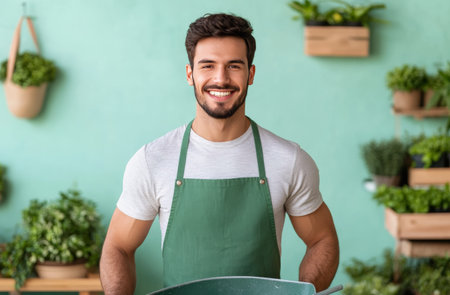 A young man in a gray shirt and apron smiles broadly while tending to plants. He is surrounded by greenery, showcasing a lively atmosphere in a bright, well-lit space.の素材